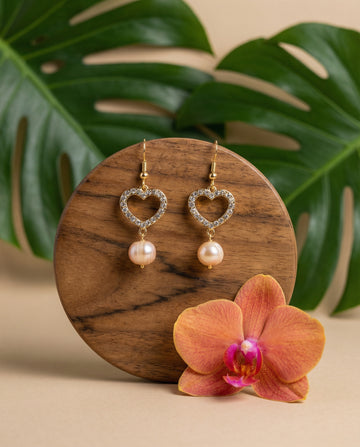 Golden Heart Halo Pink Pearl Drop Earrings
