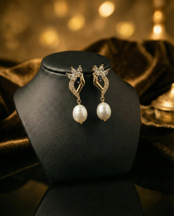 Elegant Floral Drop Pearls CZ Earrings