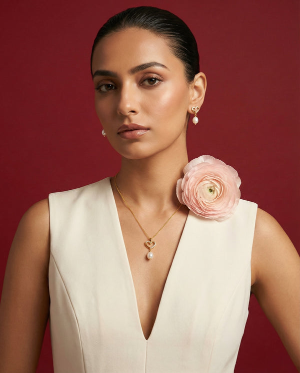 Golden Heart Pearl Pendant with Earrings Set