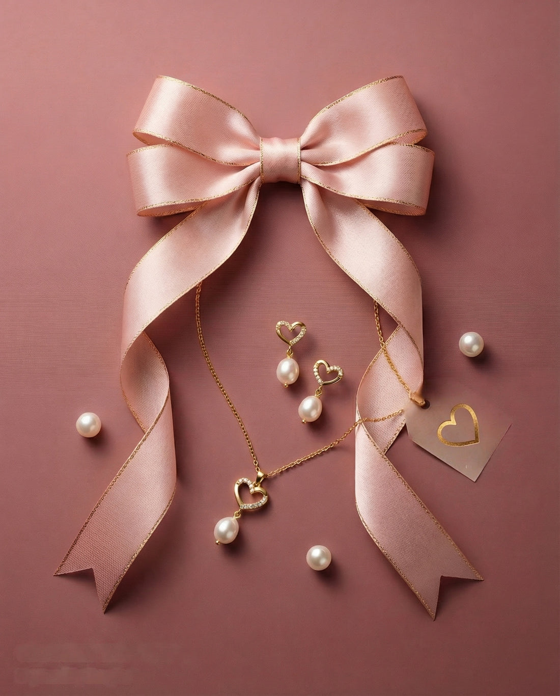 Golden Heart Pearl Pendant with Earrings Set