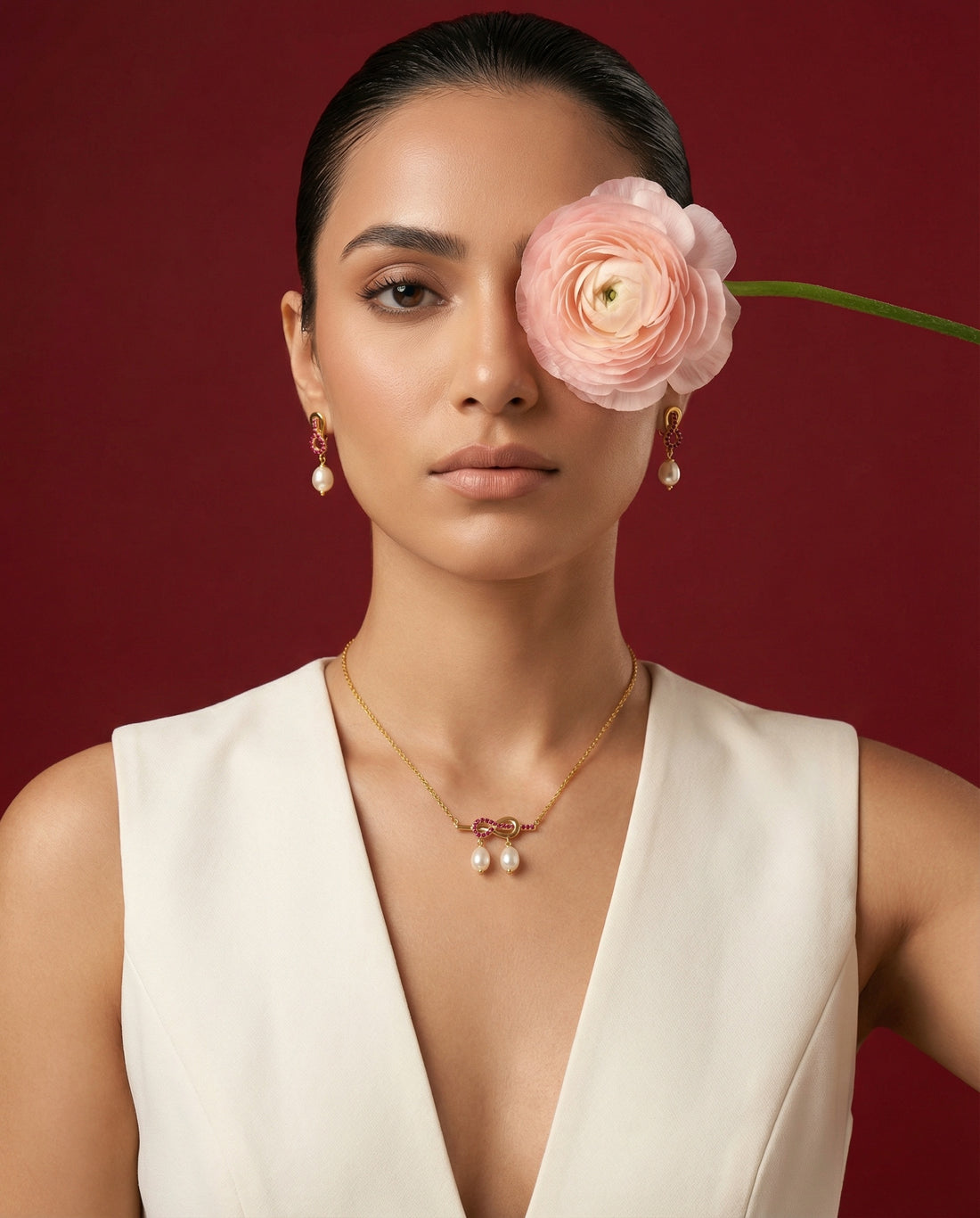 Infinity Knot Ruby Accent Double Pearl Drop Chain Pendant with Earrings Set