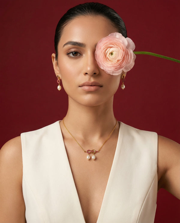 Infinity Knot Ruby Accent Double Pearl Drop Chain Pendant with Earrings Set