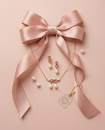 Infinity Knot Ruby Accent Double Pearl Drop Chain Pendant with Earrings Set in 925 Silver