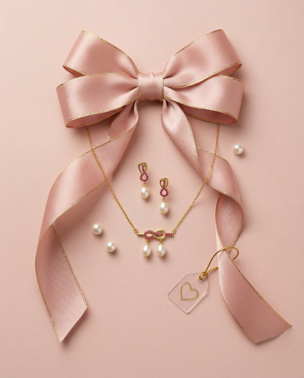 Infinity Knot Ruby Accent Double Pearl Drop Chain Pendant with Earrings Set