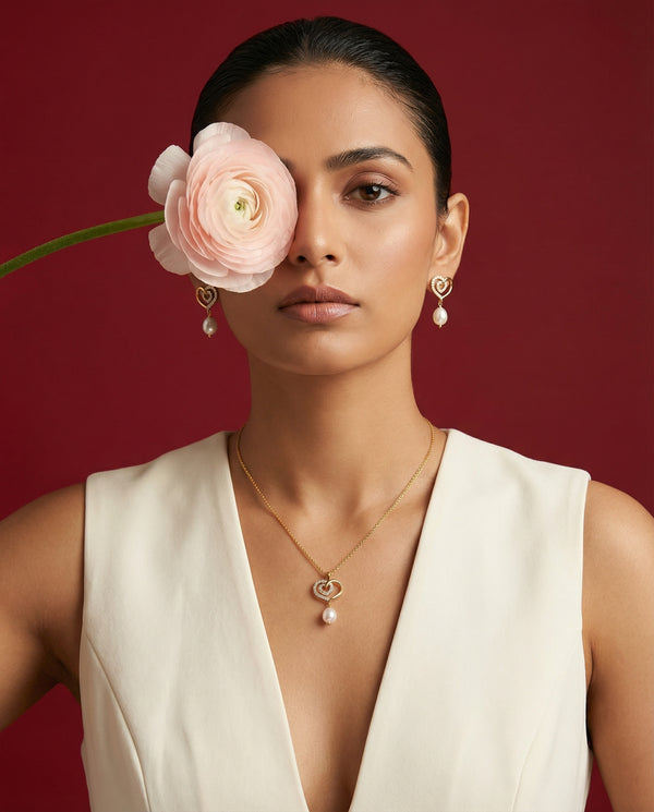 Dual Heart Pearl Drop Pendant with Earrings Set
