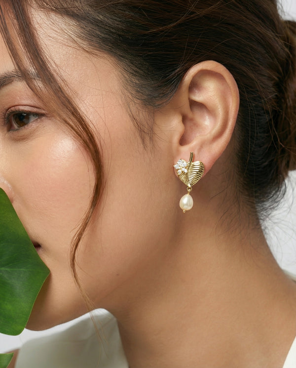 Gilded Leaf & Crystal Bloom Pearl Drop Earrings