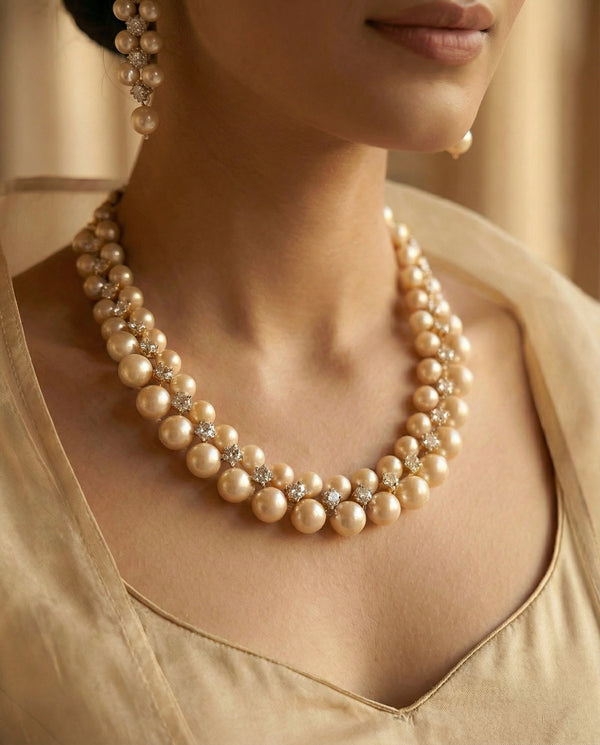 Gold-Tone Double-Row Pearl and CZ Necklace with Earrings Set