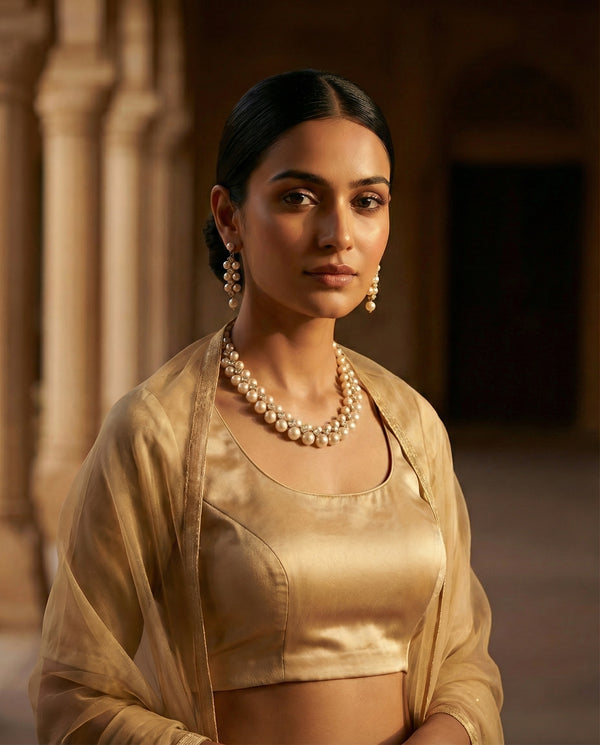 Gold-Tone Double-Row Pearl and CZ Necklace with Earrings Set