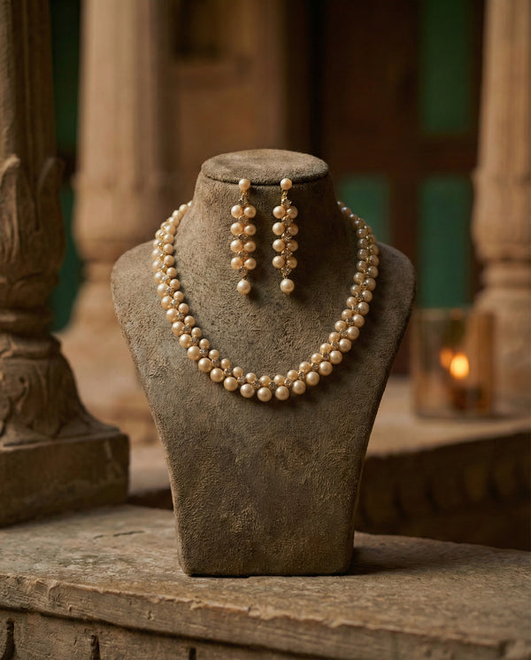 Gold-Tone Double-Row Pearl and CZ Necklace with Earrings Set