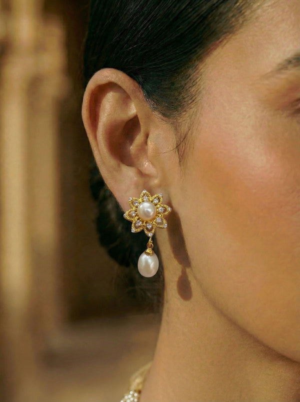 Royal Double-Strand Pearl & Sunburst Floral Jewellery Set