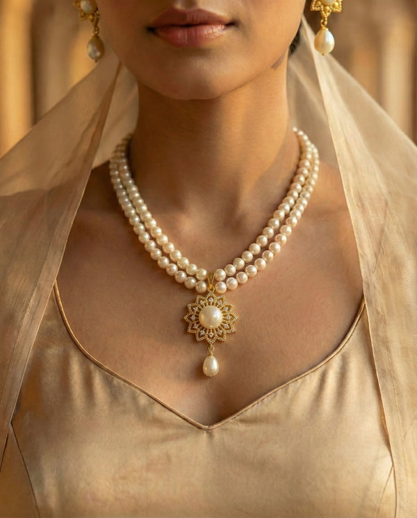 Royal Double-Strand Pearl & Sunburst Floral Jewellery Set