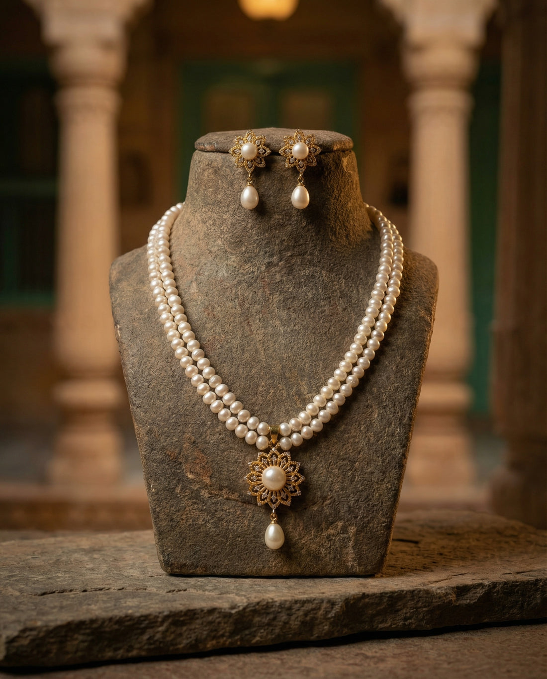 Royal Double-Strand Pearl & Sunburst Floral Jewellery Set