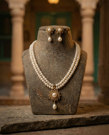 Royal Double-Strand Pearl & Sunburst Floral Jewellery Set
