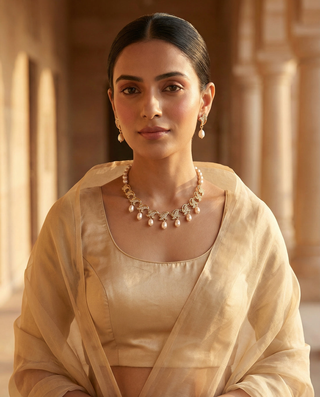 Floral & Leaf Pearl CZ Jewellery Set