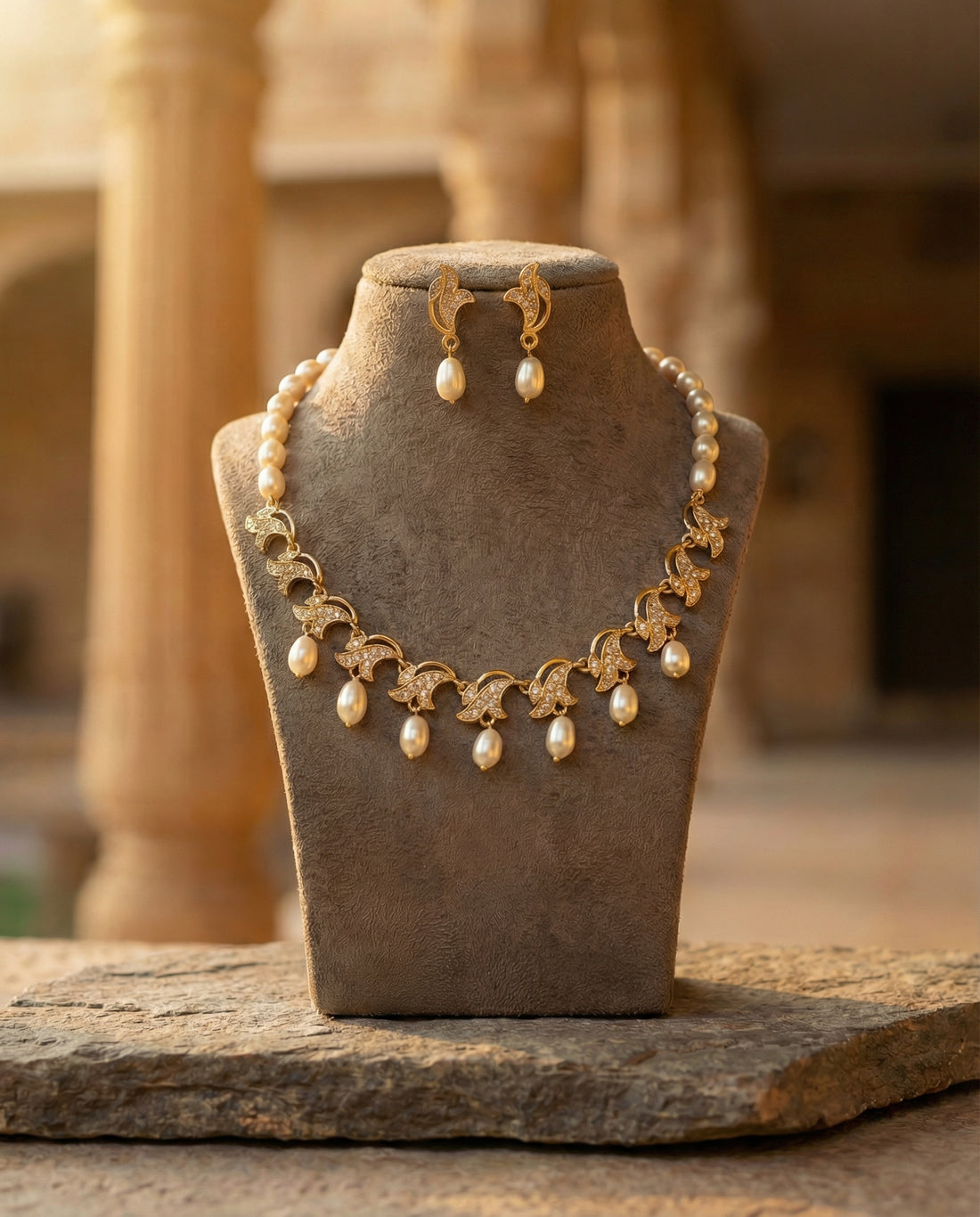 Floral & Leaf Pearl CZ Jewellery Set