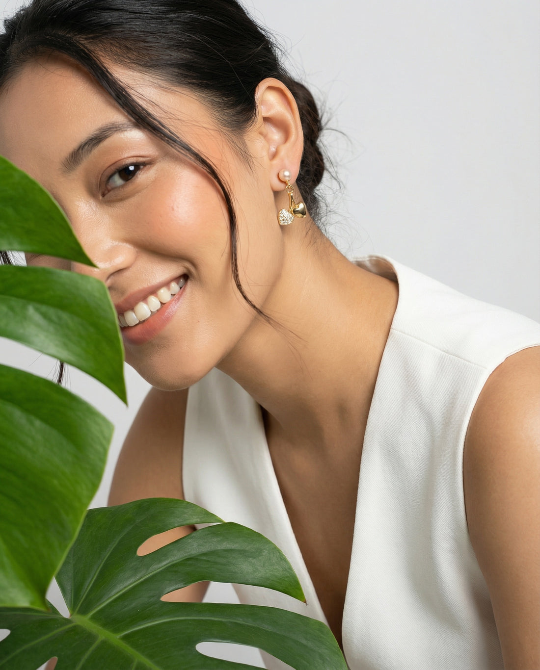 Gold-Plated Twin Heart Cherry Drop Pearl Earrings