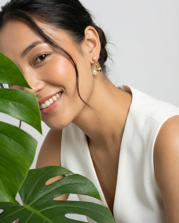 Gold-Plated Twin Heart Cherry Drop Pearl Earrings