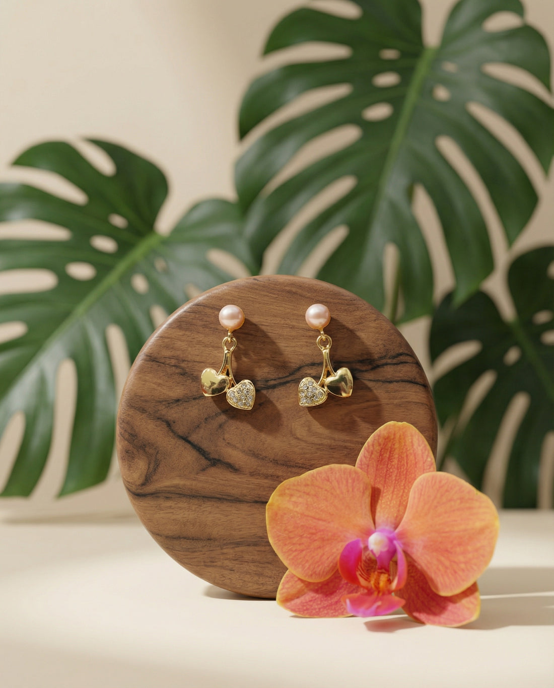 Gold-Plated Twin Heart Cherry Drop Pearl Earrings