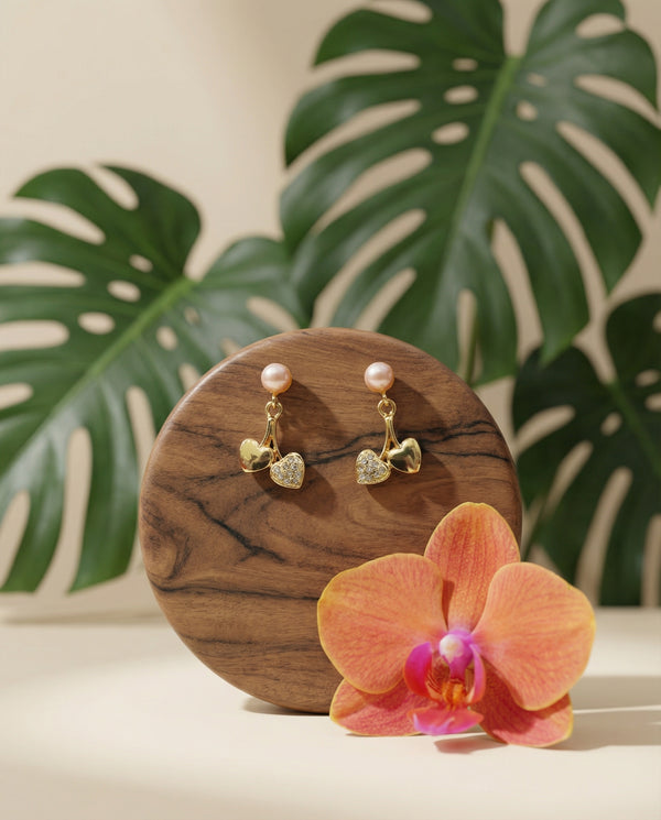 Gold-Plated Twin Heart Cherry Drop Pearl Earrings