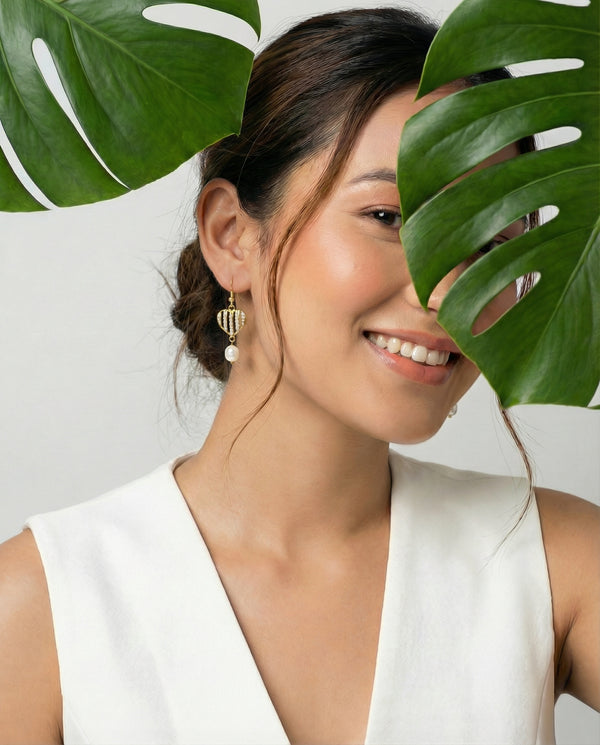 Gold-Plated Openwork Heart Drop Pearl Earrings