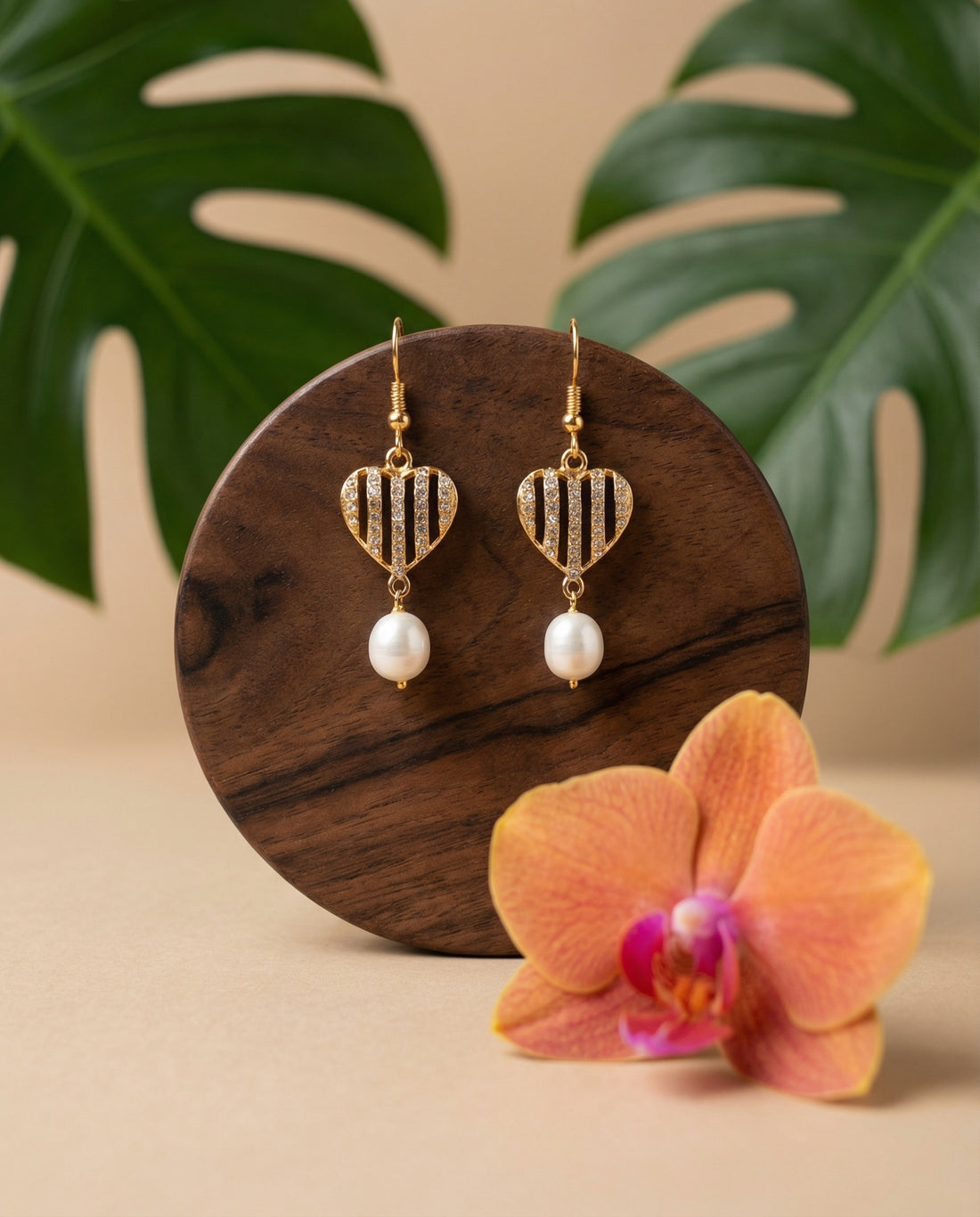 Gold-Plated Openwork Heart Drop Pearl Earrings