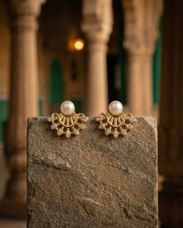 Golden Sunburst Pearl Stud Earrings