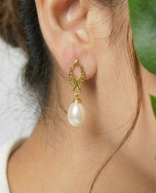 Gold-Plated Leaf Drop Pearl Earrings