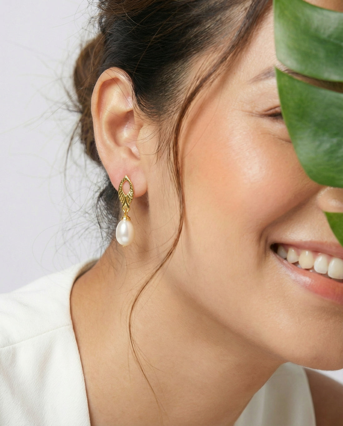 Gold-Plated Leaf Drop Pearl Earrings