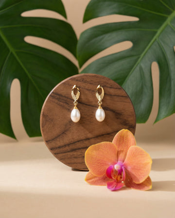 Gold-Plated Leaf Drop Pearl Earrings