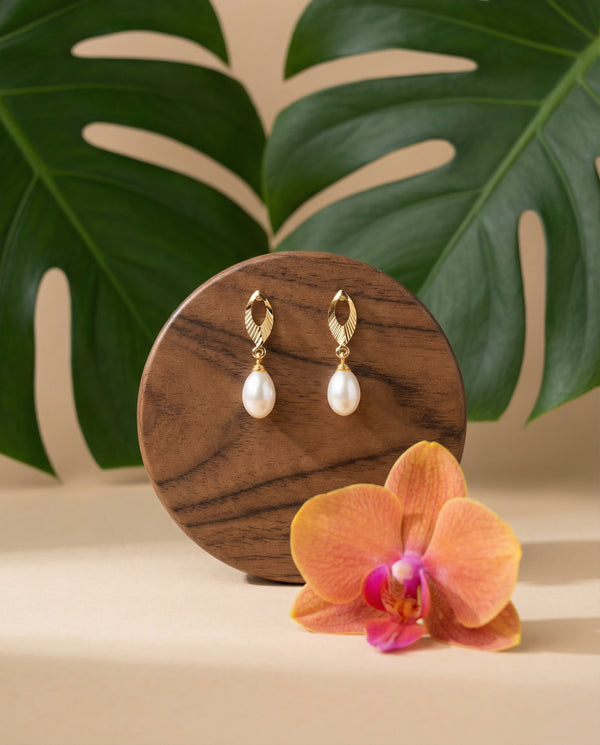 Gold-Plated Leaf Drop Pearl Earrings