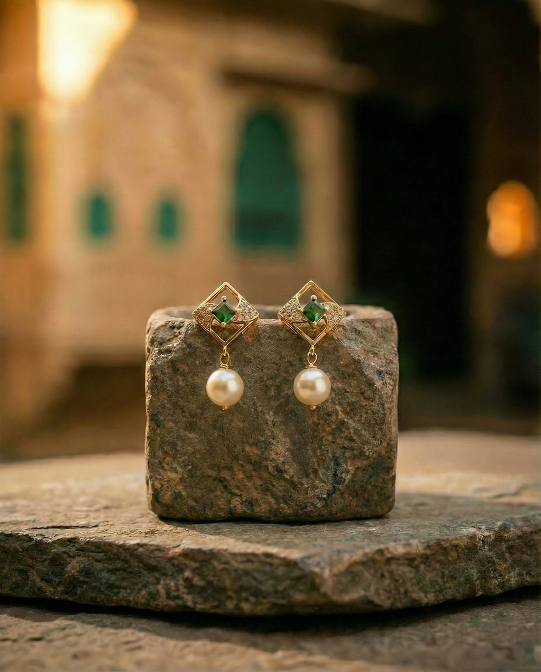 Artisan Square-Halo Pearl CZ Drop Earrings