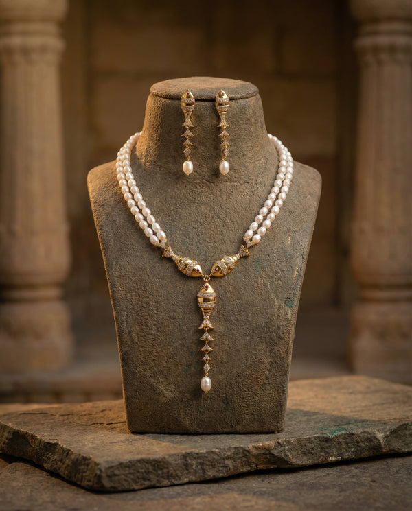 Golden Fish & Double-Strand Pearl CZ Jewellery Set
