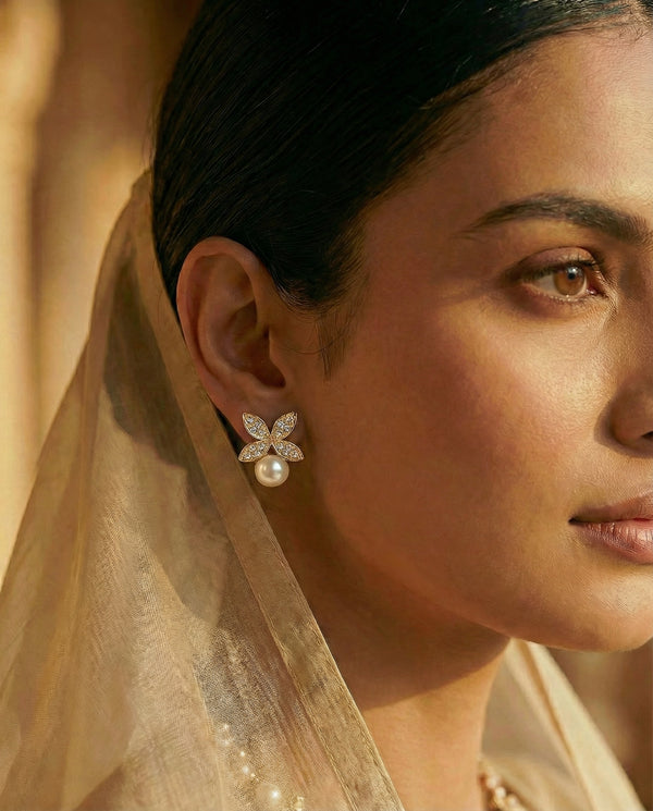 Gold-Plated Pink Pearl & Crystal Floral Necklace and Earring Set