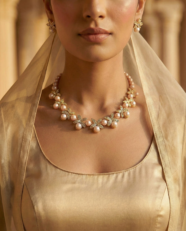 Gold-Plated Pink Pearl & Crystal Floral Necklace and Earring Set