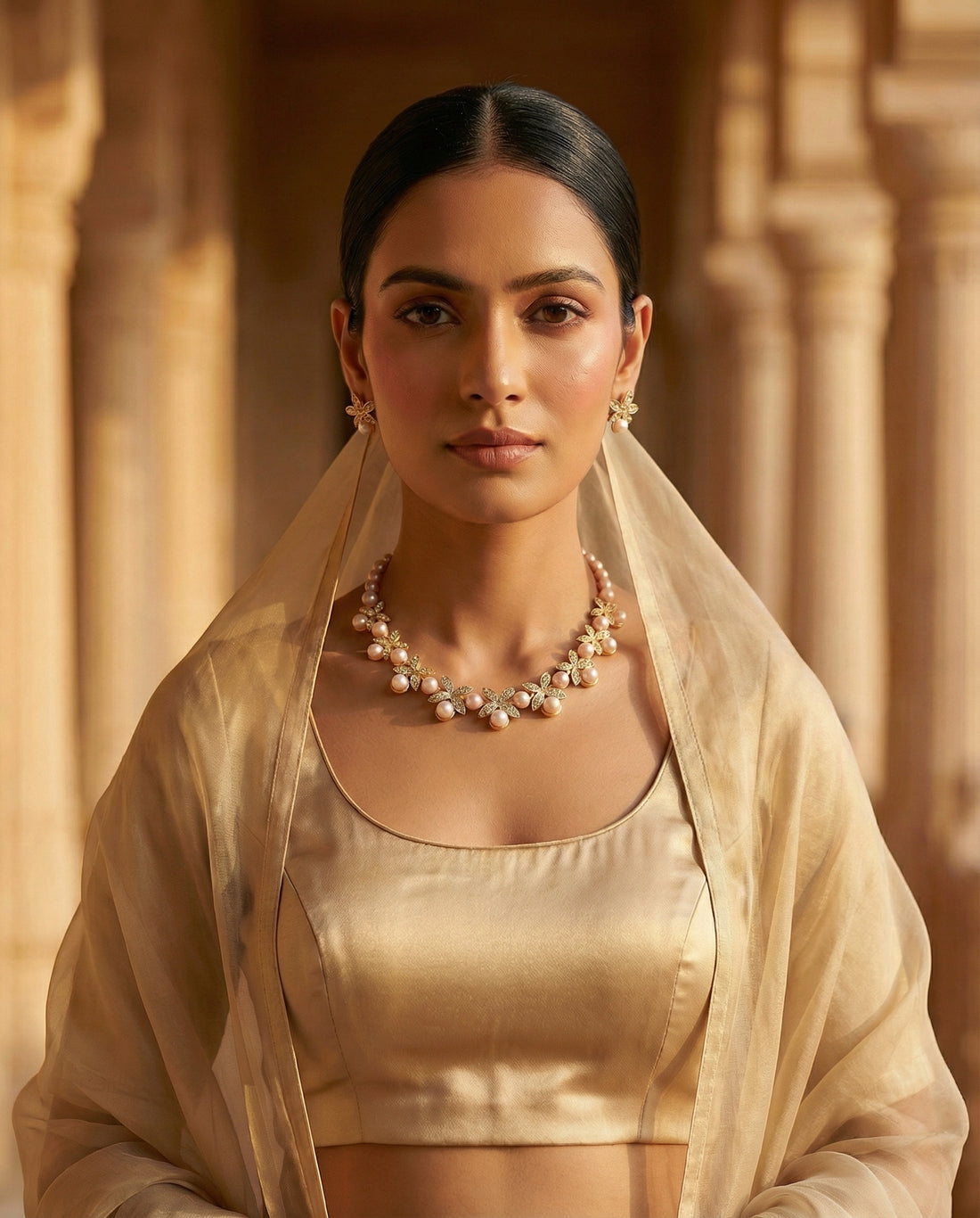 Gold-Plated Pink Pearl & Crystal Floral Necklace and Earring Set