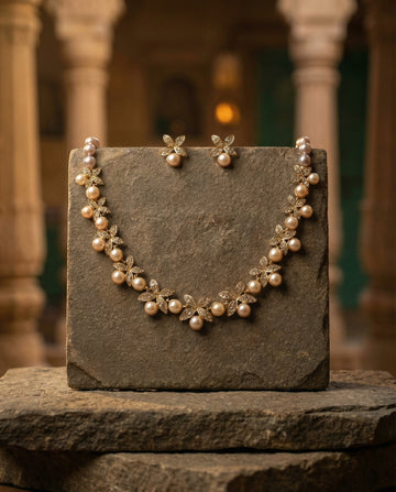 Gold-Plated Pink Pearl & Crystal Floral Necklace and Earring Set