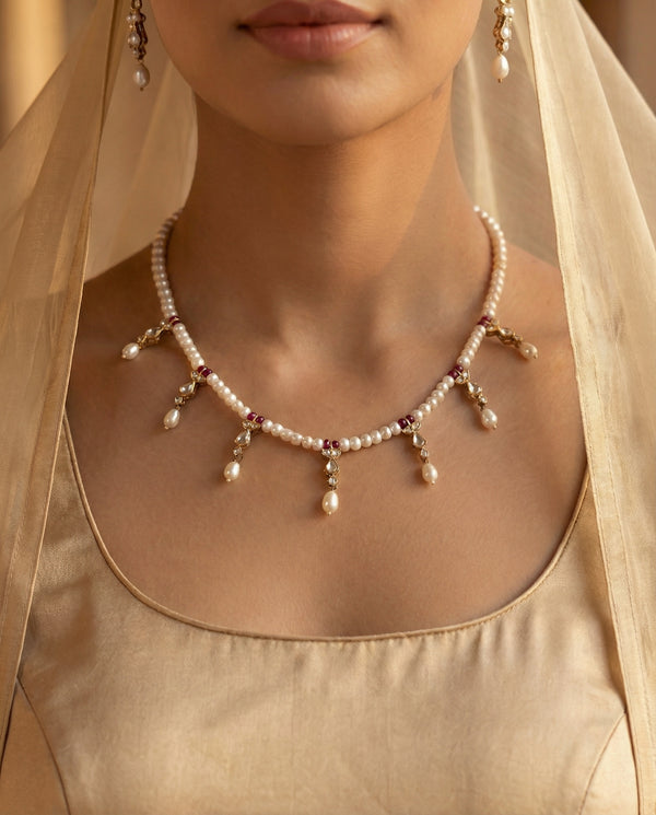 Empress Ruby & Pearl Fringe Necklace Set with Earrings