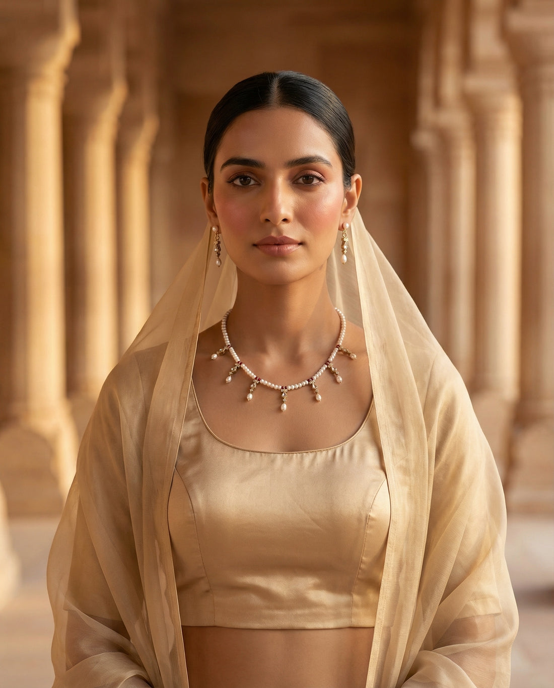 Empress Ruby & Pearl Fringe Necklace Set with Earrings