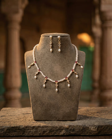 Empress Ruby & Pearl Fringe Necklace Set with Earrings