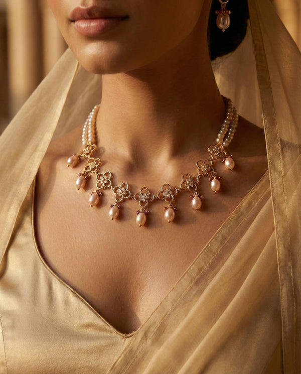 Floral Filigree Pearl & Ruby Necklace Set