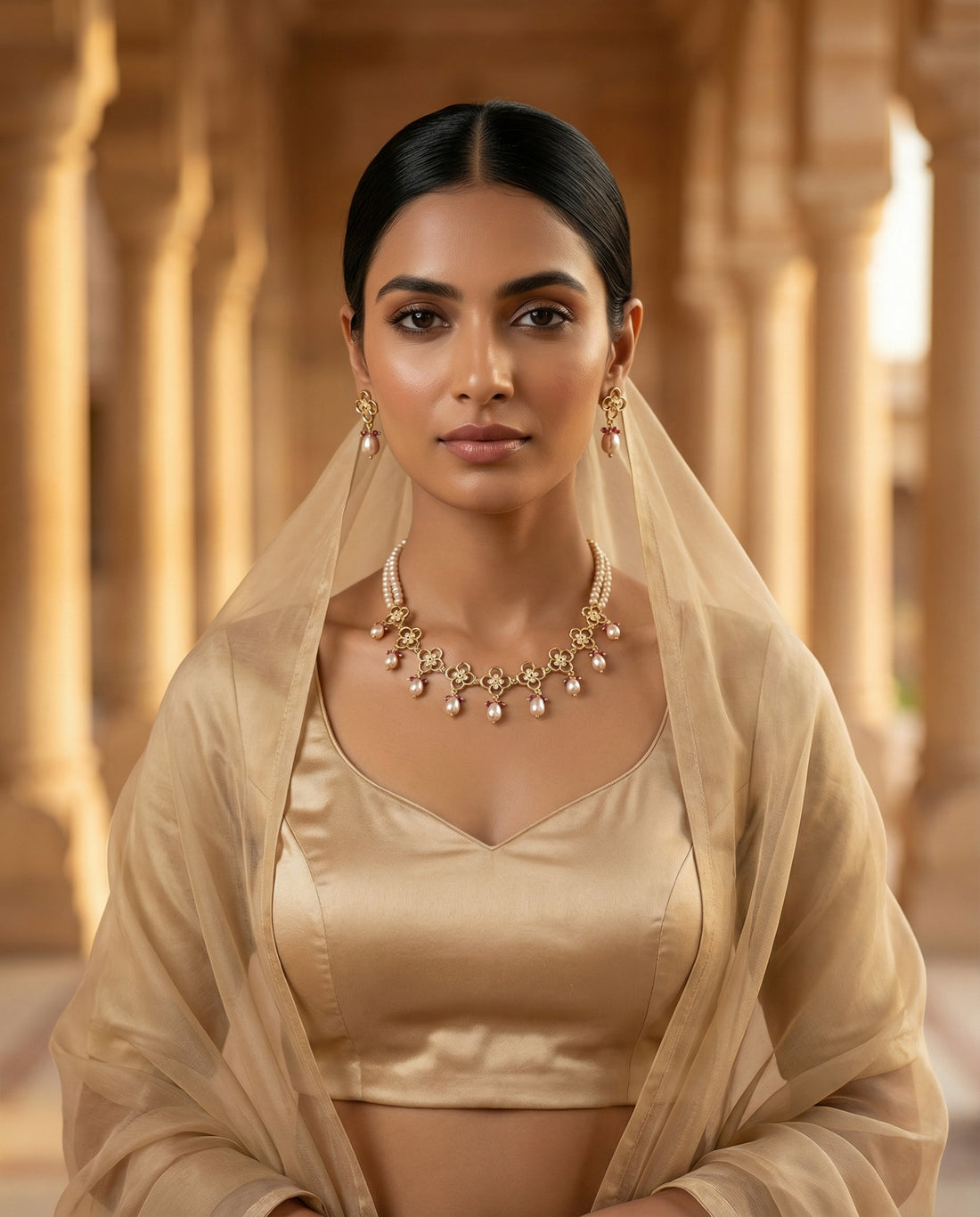 Floral Filigree Pearl & Ruby Necklace Set