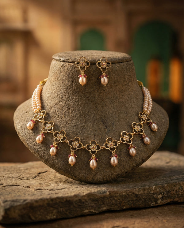 Floral Filigree Pearl & Ruby Necklace Set