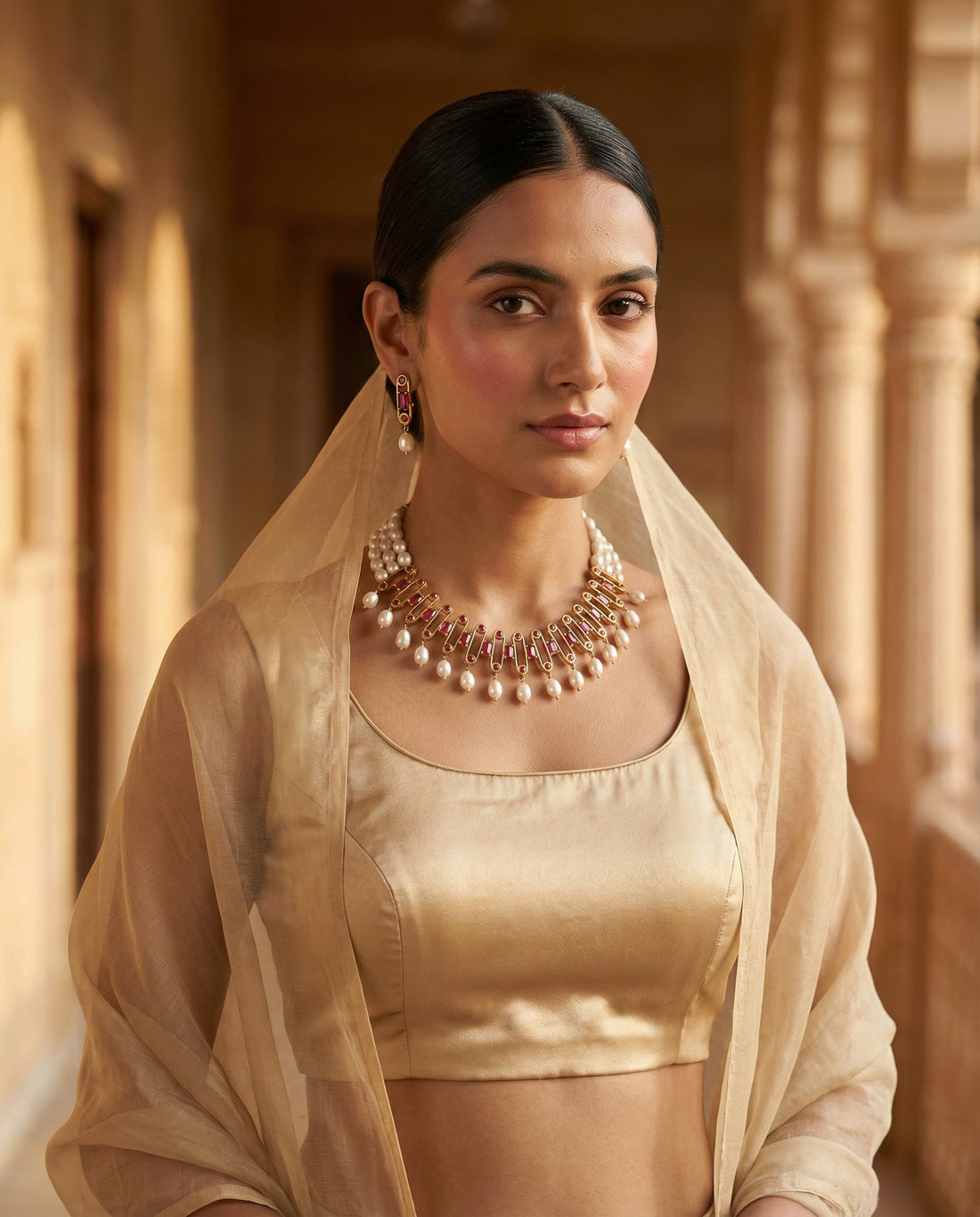 Imperial Ruby & Multi-Strand Pearl Necklace & Earrings Set