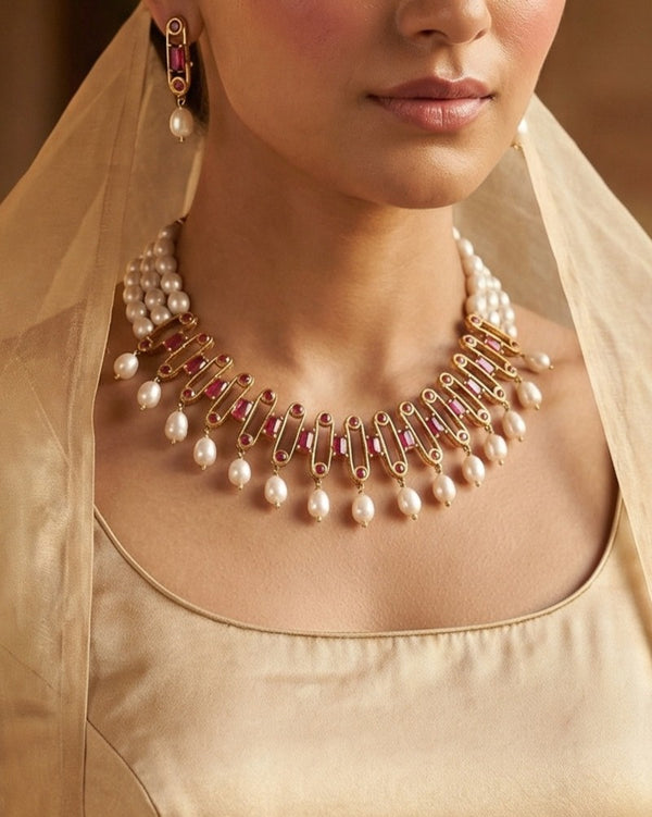 Imperial Ruby & Multi-Strand Pearl Necklace & Earrings Set