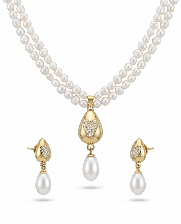 Timeless Heart-Inlay Teardrop Double-Strand Pearl Jewellery Set