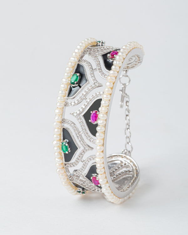 Royal Multicolor Enamel CZ & Pearl Silver Bangle