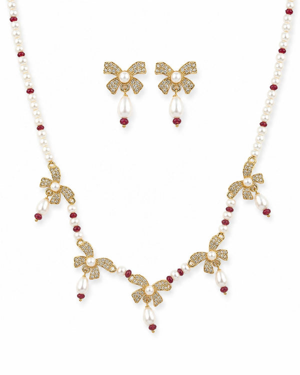 Graceful Ribbon Bow & Pearl Jewellery Set