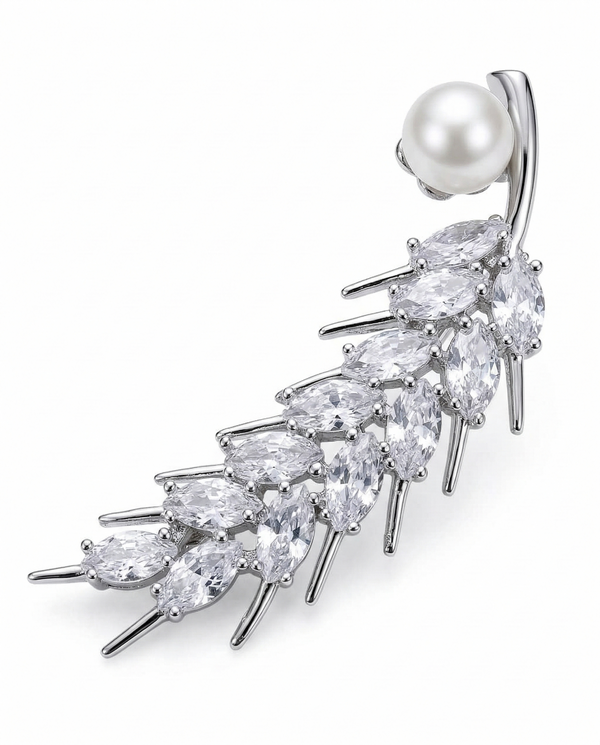 Elegant Pearl & Marquise CZ Feather Brooch