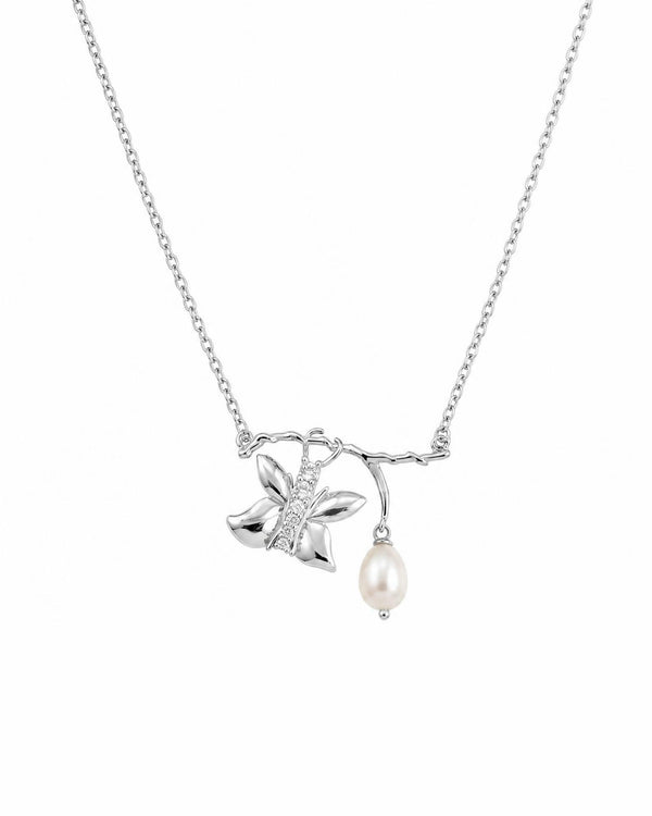 Nature-Inspired Rhodium Plated Butterfly Pearl Chain Pendant
