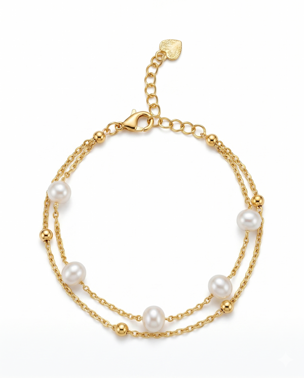 Double-Strand Gold Plated Pearl Chain Bracelet
